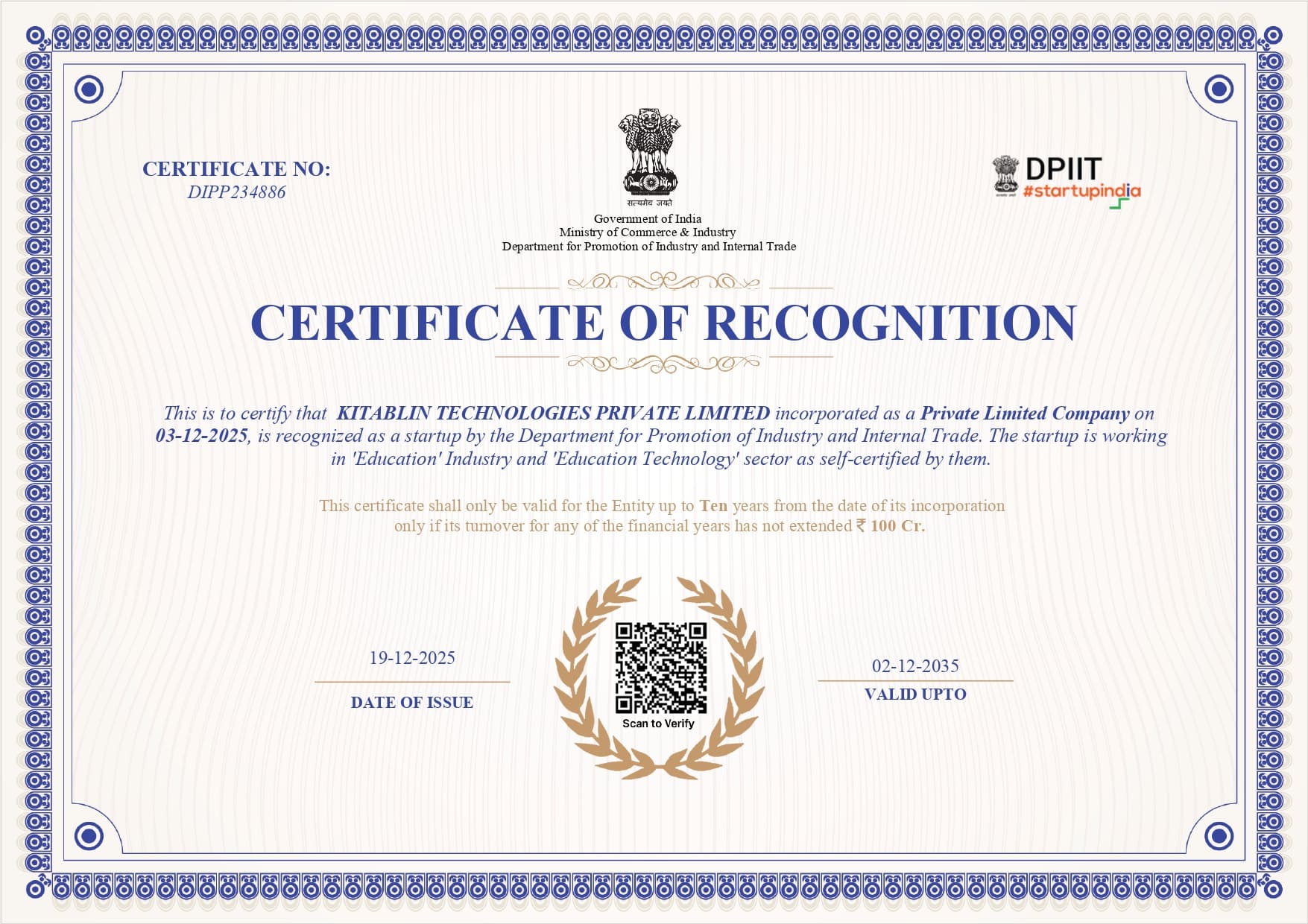 Startup India Certificate